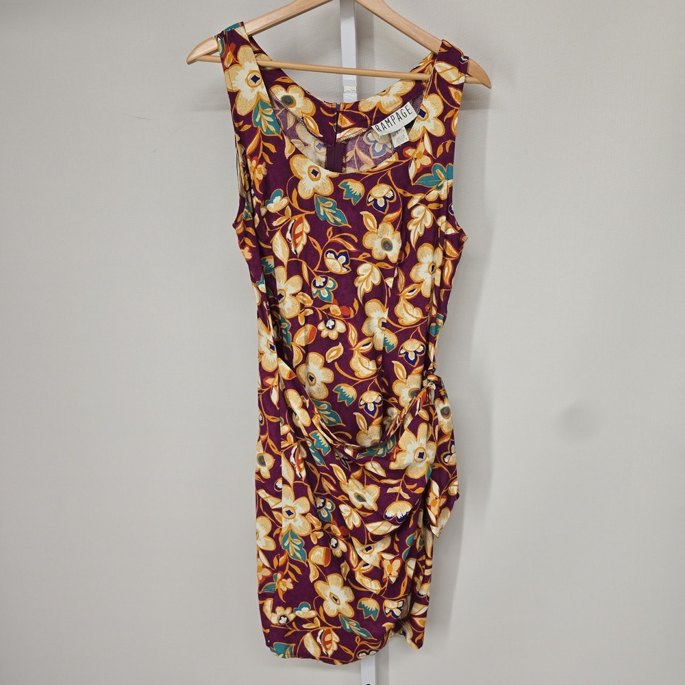 Vintage Rampage Floral Faux Wrap Mini Dress Purple Yellow Sleeveless Size 9 USA